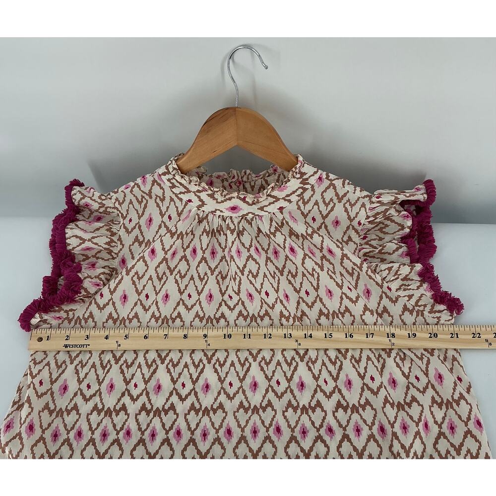 THML Boho Flutter Sleeve Blouse Pink Brown Ikat Tassel Trim Top Women's Large - Picture 6 of 7